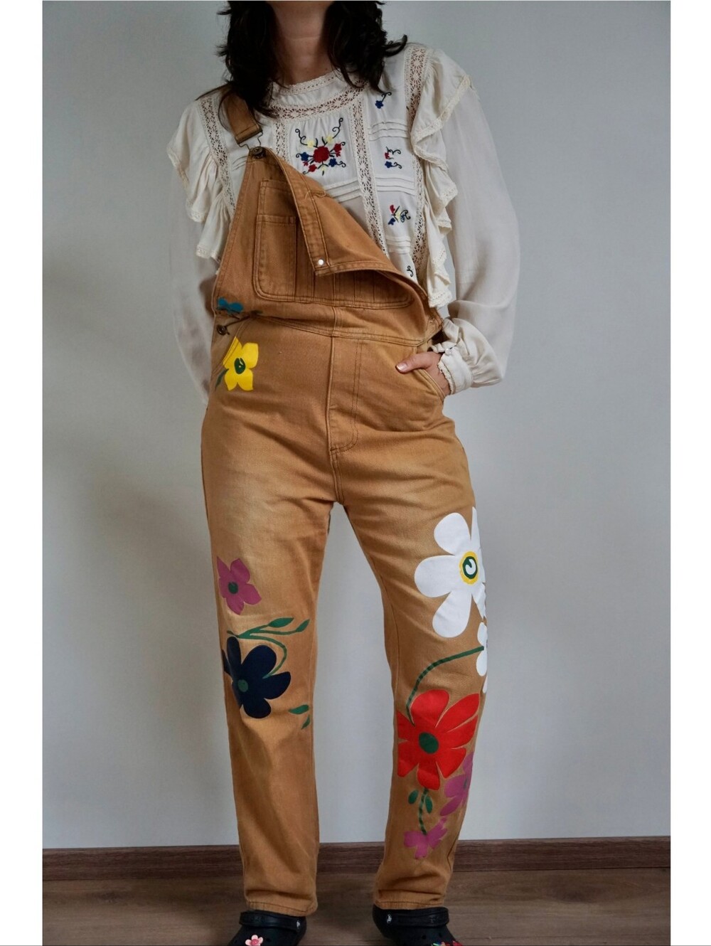 Tan Floral Retro Hippie Artsy Overalls - Picture 8 of 8